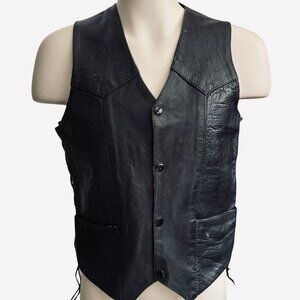 UNIK Men's Black Leather Motorcycle Vest Sz 42 Snaps Lace-Up Sides Pockets Biker